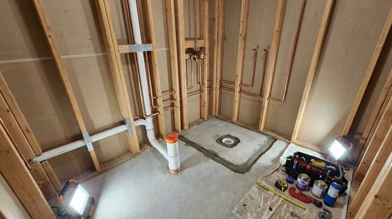 Bathroom rough-in plumbing during remodel by Johns Plumbing LLC in Peachtree Corners
