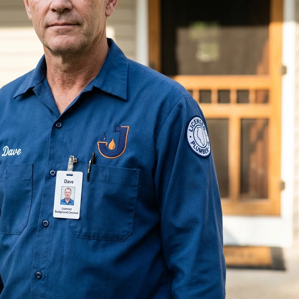 Licensed plumber showing ID badge in Peachtree Corners, GA