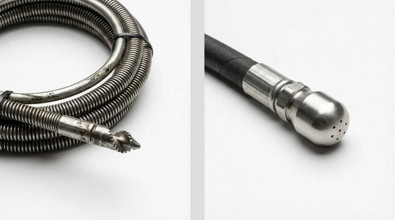 Drain snake cable and hydro jetting nozzle used for drain cleaning in Peachtree Corners, GA