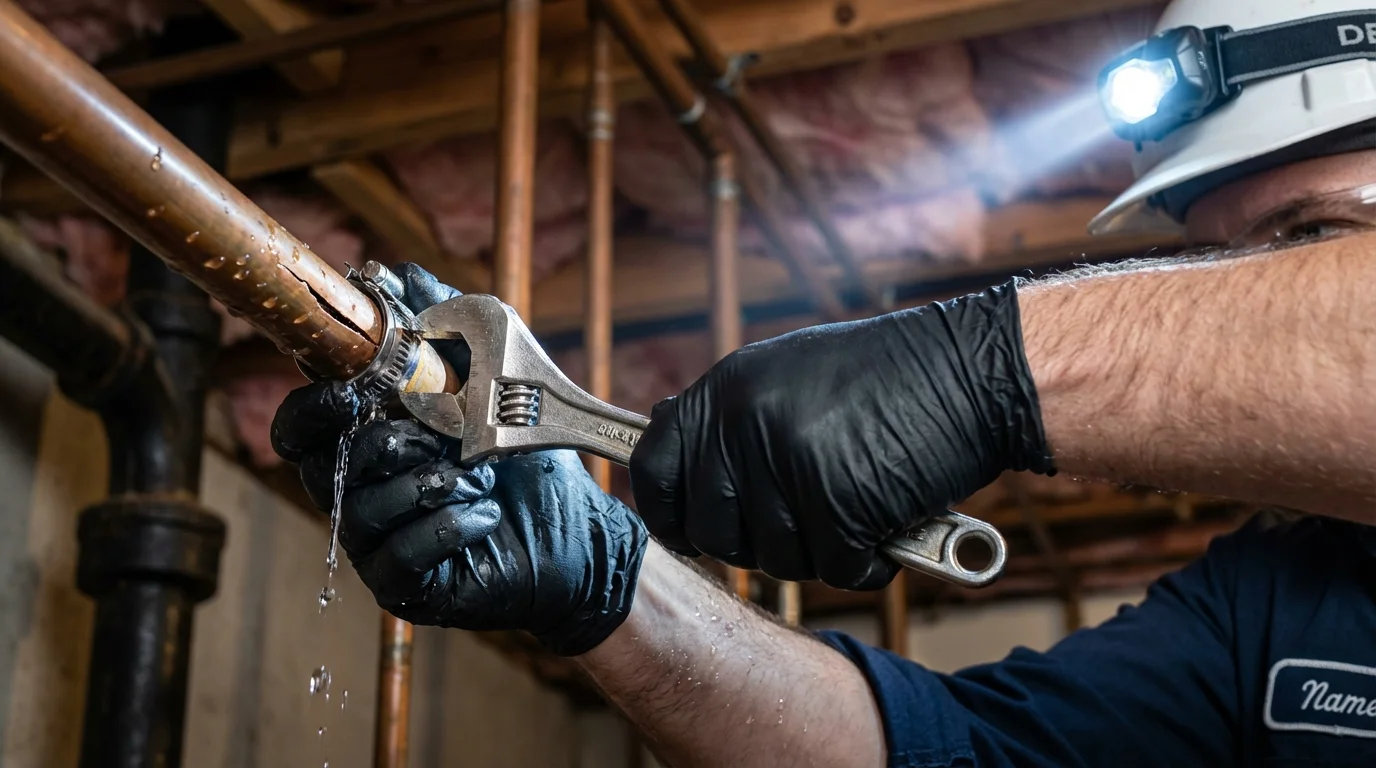 Emergency pipe clamp repair being performed by a Johns Plumbing LLC plumber in Peachtree Corners
