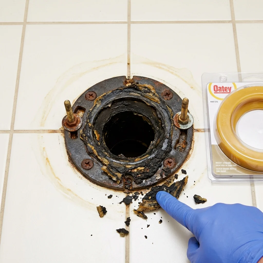 Failed wax ring showing water seepage at the base of a toilet in a Peachtree Corners, GA home