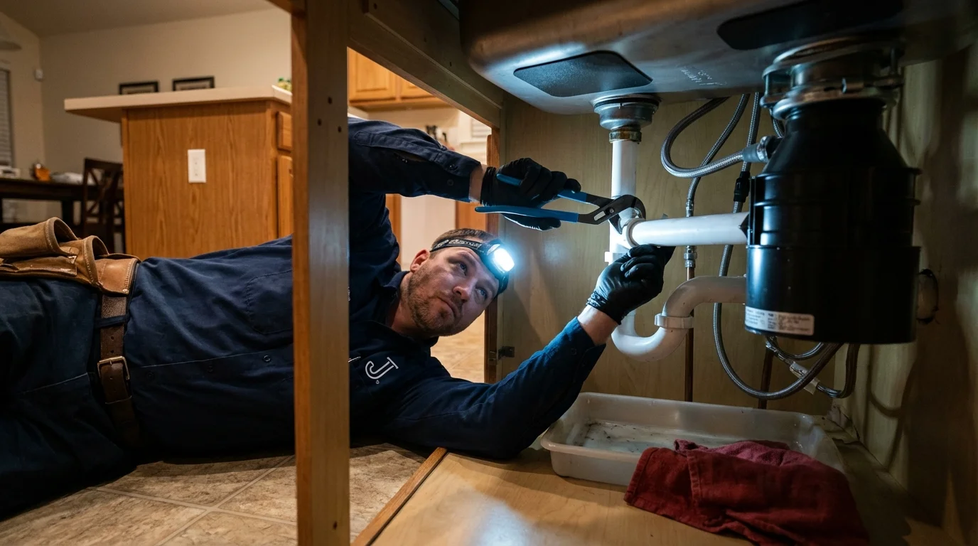 P-trap and supply line connections under a kitchen sink showing a common leak point in Peachtree Corners, GA
